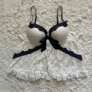 Linea Donatella Babydoll Chemise Lingerie Sleepwear Top Sheer Lace White Sz L